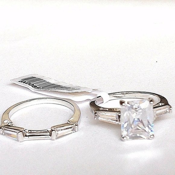 Princess Cut Engagement Wedding Ring Set Size 9 10 CZ Silver Rhodium Plated - Picture 8 of 12